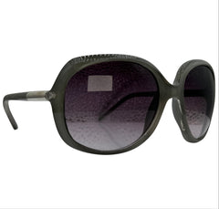 Oversized sunglasses with a dark olive green acetate frame and gradient gray lenses, shown from a three-quarters angle on a white background.