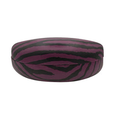 A side profile of the purple closed sunglasses case, emphasizing its "chunky" protective silhouette and the seamless wrap-around zebra print.