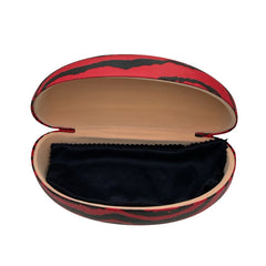 A side-angled view of the open red sunglasses case, showcasing the sturdy hinge and the depth of the protective shell designed to fit chunky eyewear.