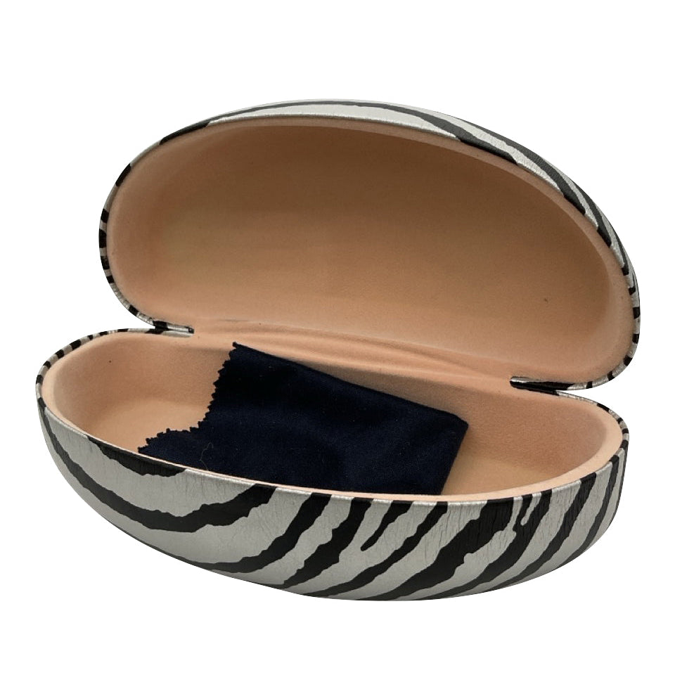 A side-angled view of the open silver sunglasses case, showcasing the sturdy hinge and the depth of the protective shell designed to fit chunky eyewear.