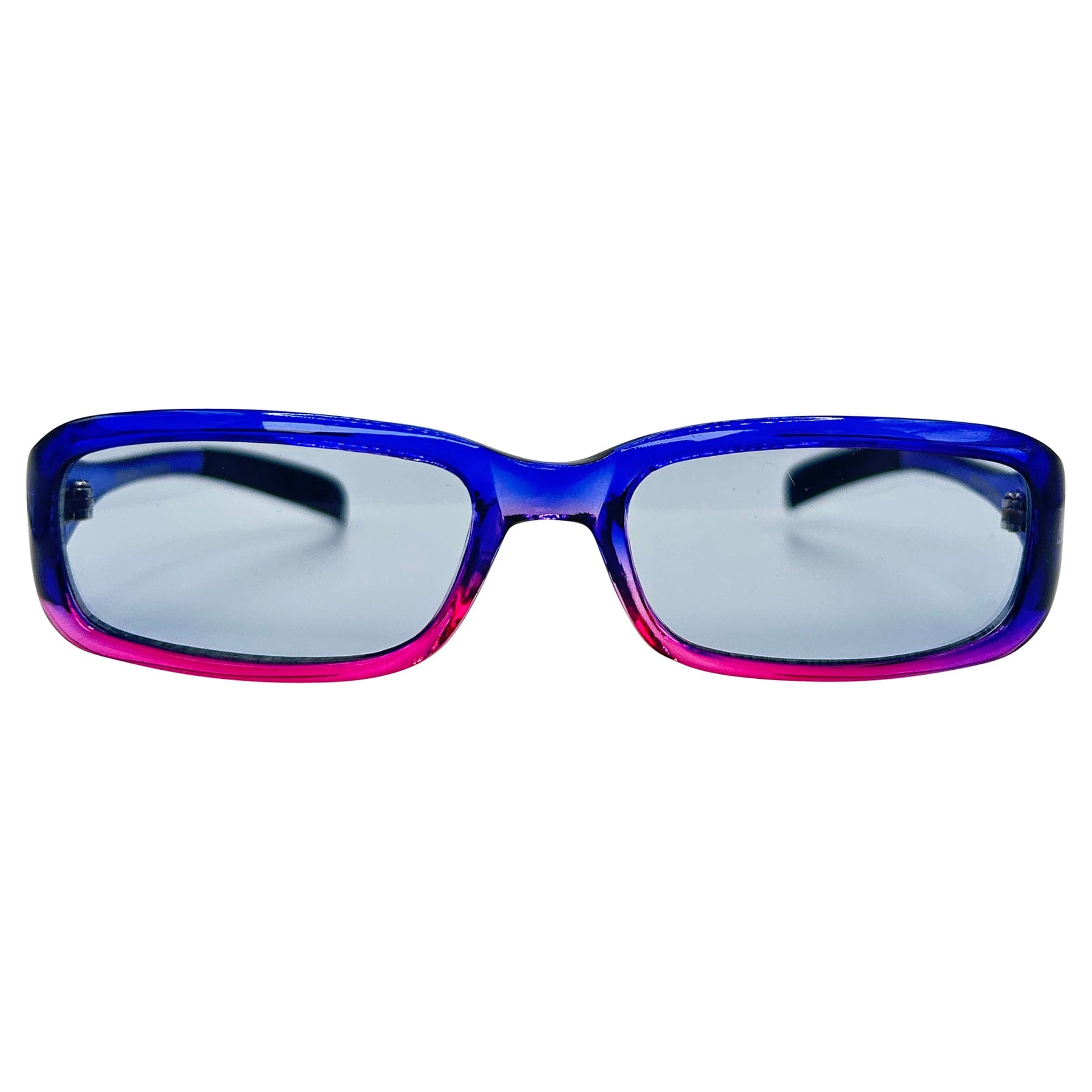 blue and purple faded colored sunglasses frames with a 90s style