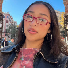 Woman in Clear Lens Glasses Red 90s Vintage Frames