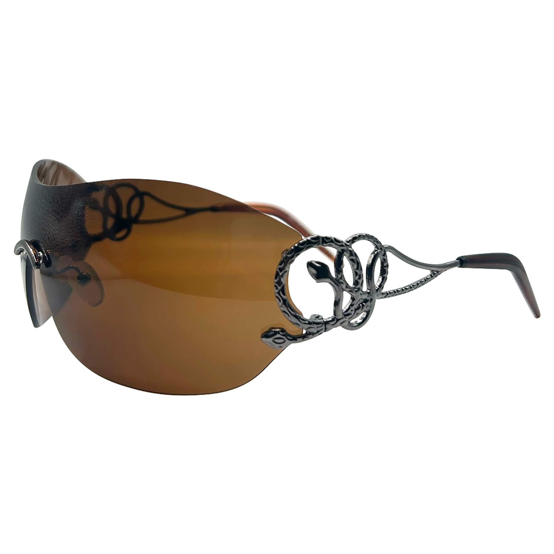 SNAKEY SNAKE Brown Rimless Shield Sunglasses