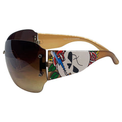 DAWN Tattoo Art Y2K Shield Sunglasses: Gold/Amber Torch Skull-Giant Vintage Eyewear