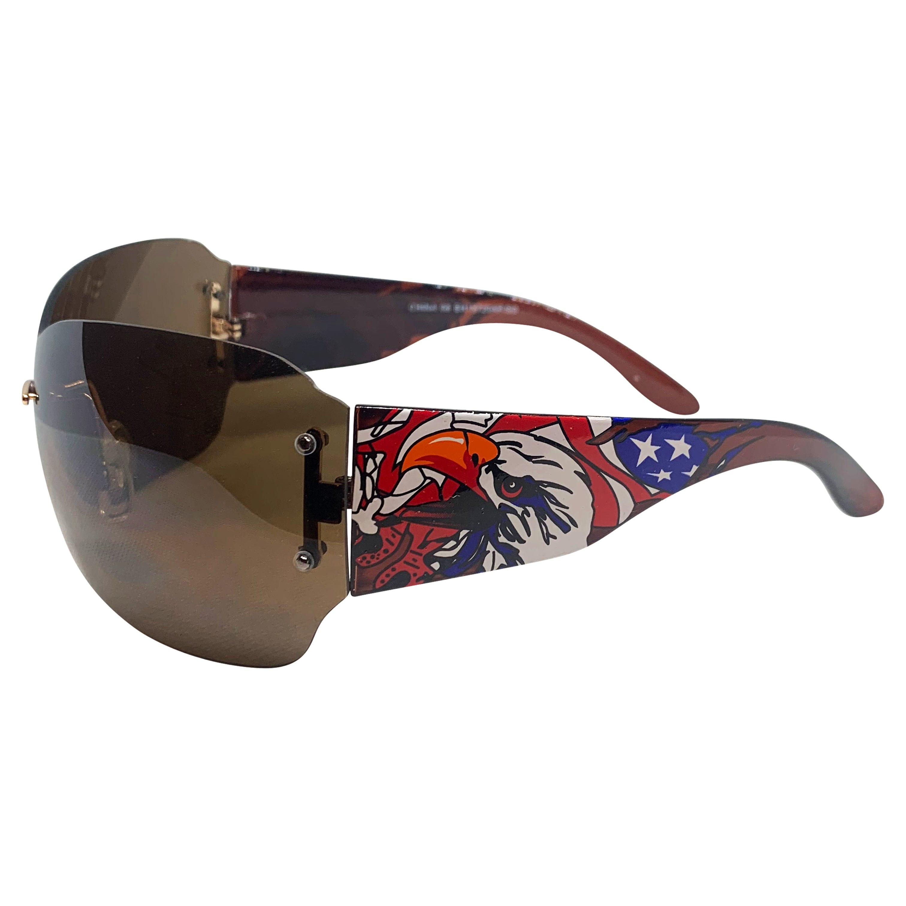 DAWN Tattoo Art Y2K Shield Sunglasses: Brown/Brown Eagles