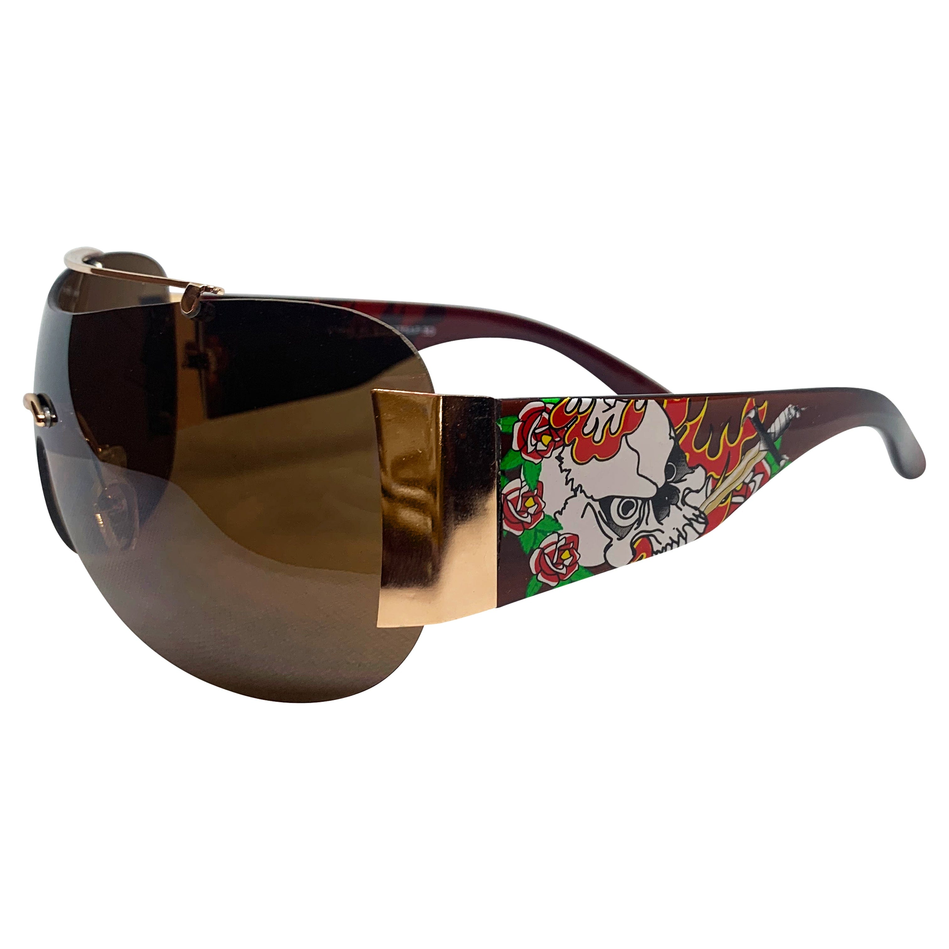 EDDY Y2K Tattoo Art Shield Sunglasses: Brown/Brown Flame Skull