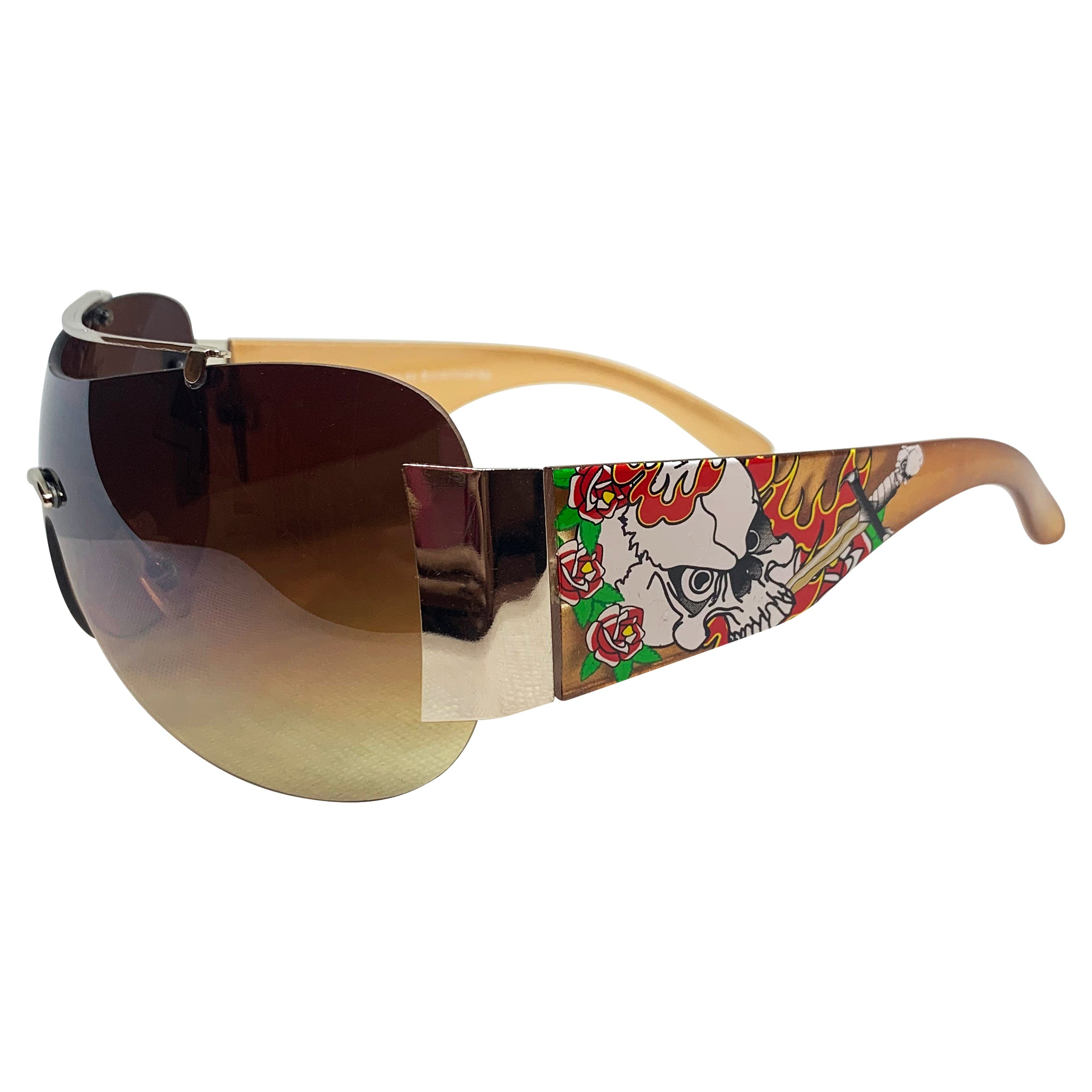 EDDY Y2K Tattoo Art Shield Sunglasses: Gold/Amber Flame Skull