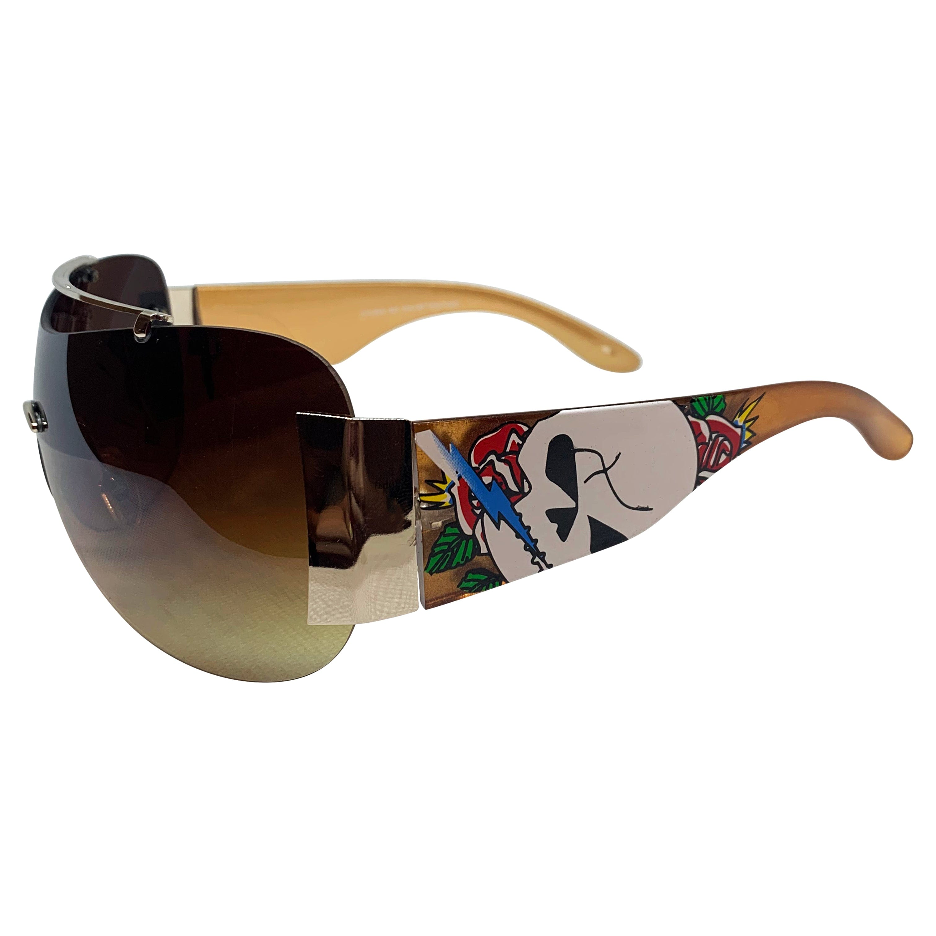 EDDY Y2K Tattoo Art Shield Sunglasses: Gold/Amber Torch Skull