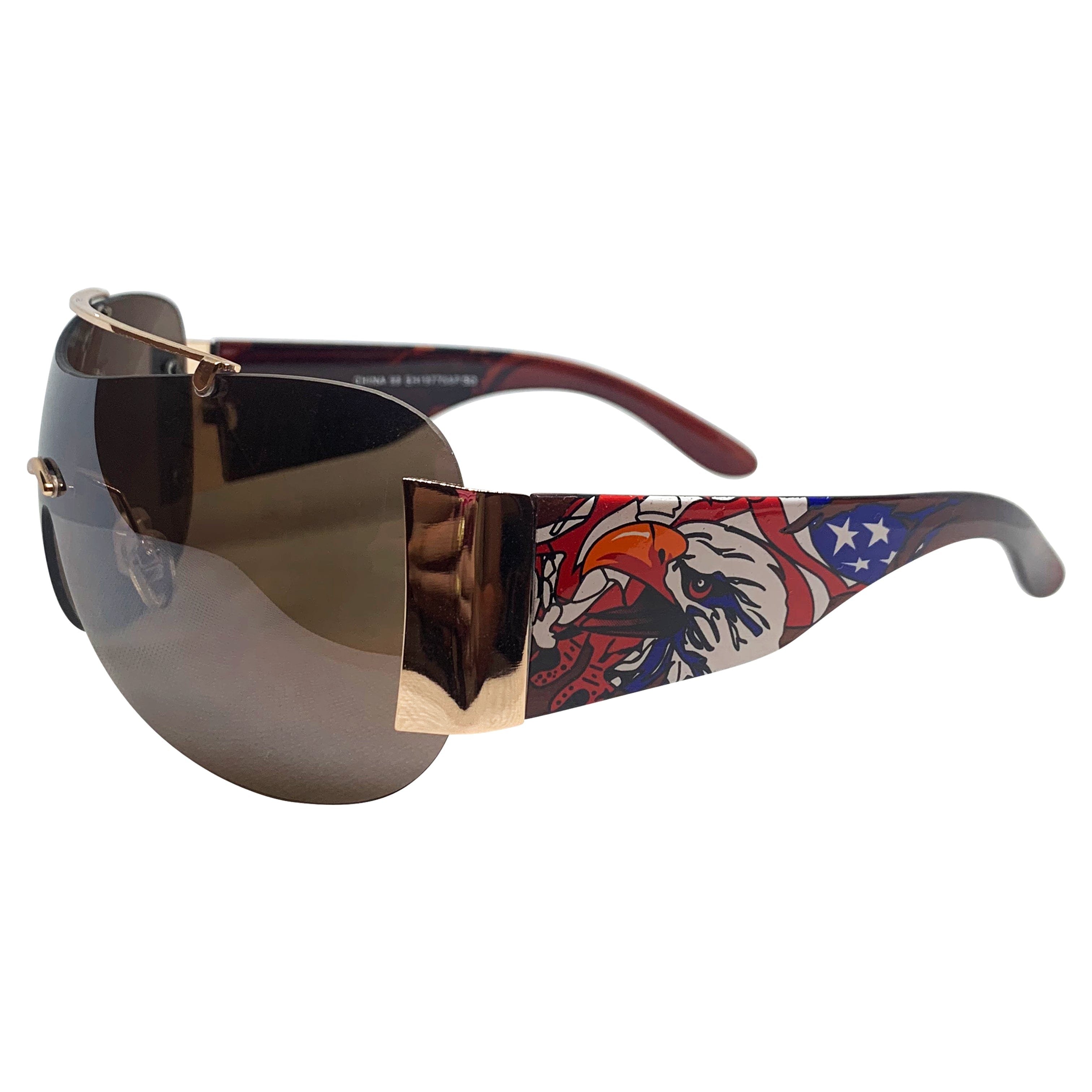 EDDY Y2K Tattoo Art Shield Sunglasses: Brown/Brown Eagle