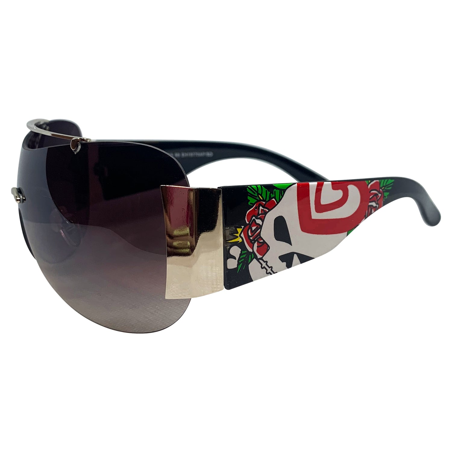 EDDY Y2K Tattoo Art Shield Sunglasses: Black/Smoke Heart SkullBlack/Smoke-Giant Vintage Eyewear