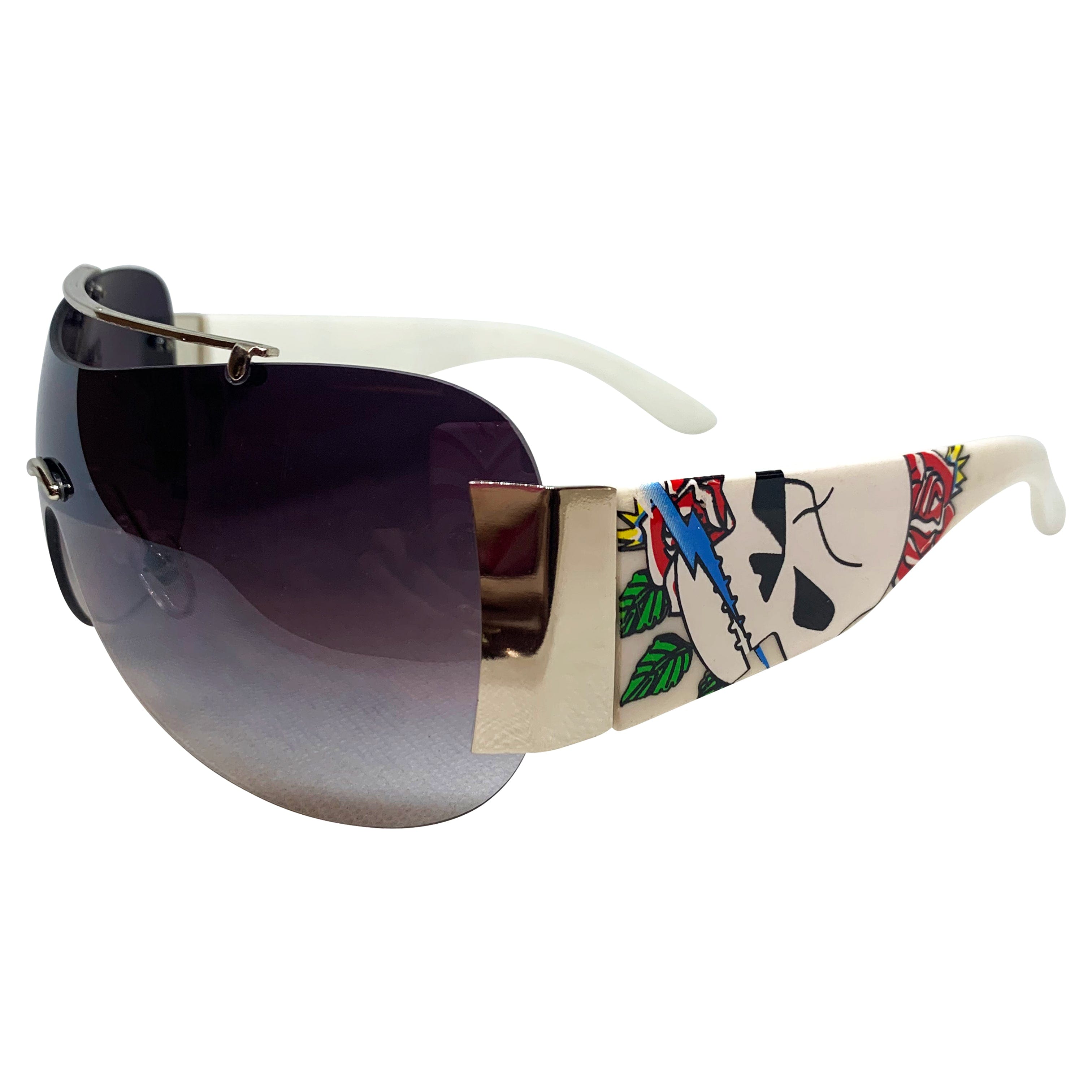 EDDY Y2K Tattoo Art Shield Sunglasses: White/Smoke Torch Skull