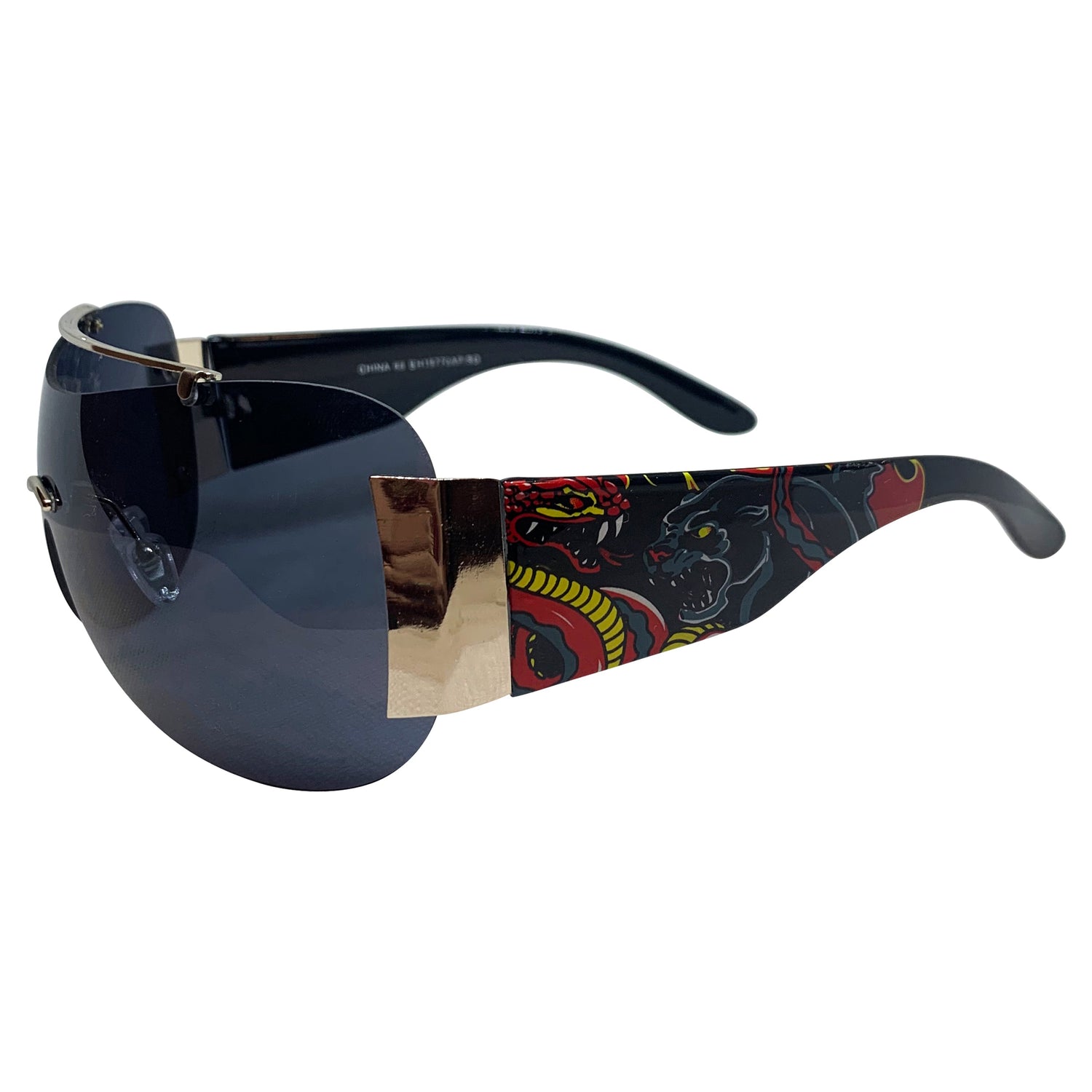 EDDY Y2K Tattoo Art Shield Sunglasses: Black/Super Dark DragonsBlack/Super Dark-Giant Vintage Eyewear