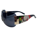 EDDY Y2K Tattoo Art Shield Sunglasses: Black Silver/Super Dark Love SkullSilver/Super Dark-Giant Vintage Eyewear